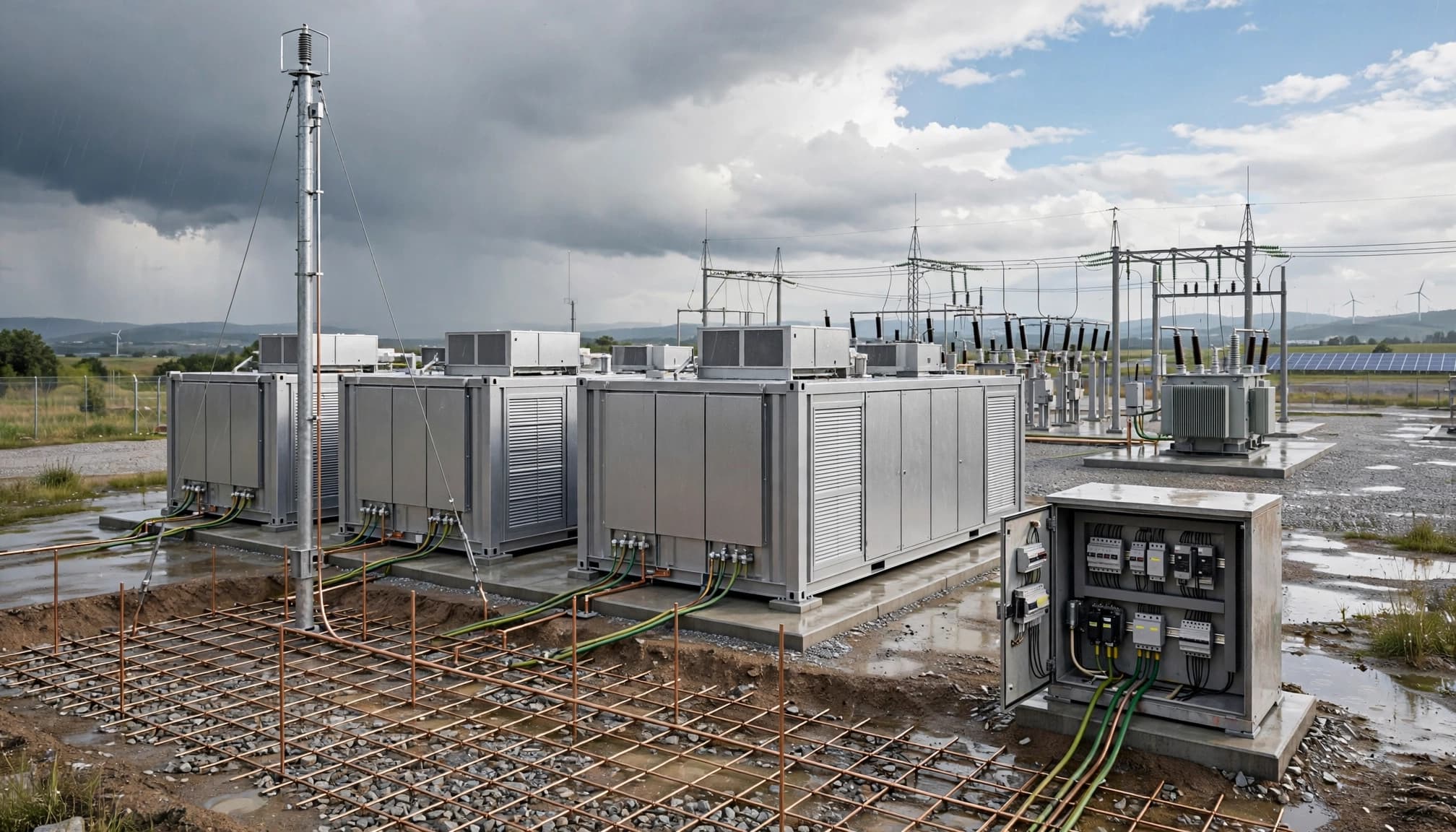 Des conteneurs de batteries sont reliés à la terre sous un mât paratonnerre.